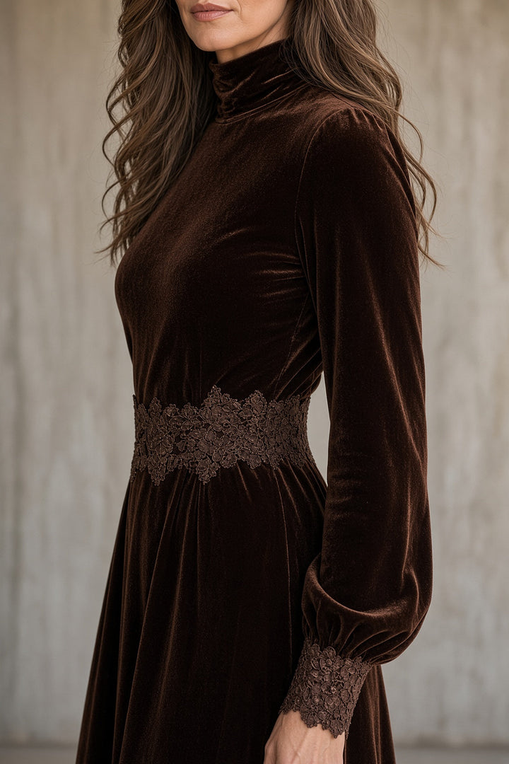 Rowena velvet maxi dress in brown, side detail