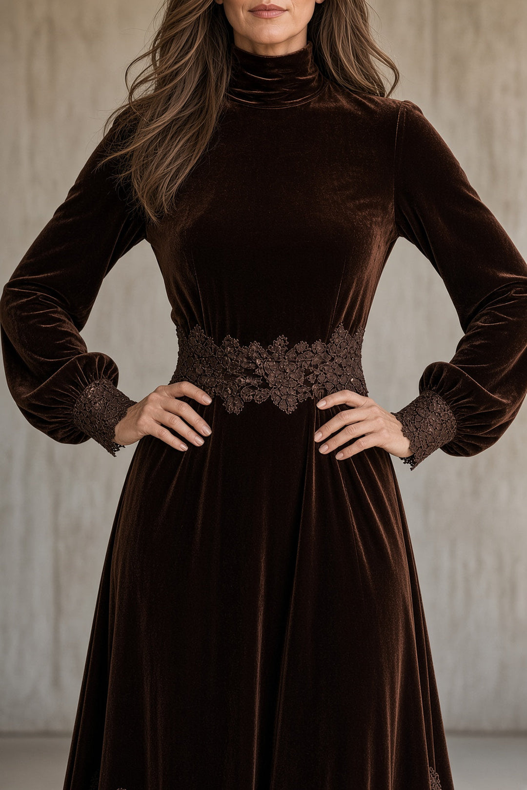 Rowena velvet maxi dress in brown, detail of high neck, lace waist and lace cuffs