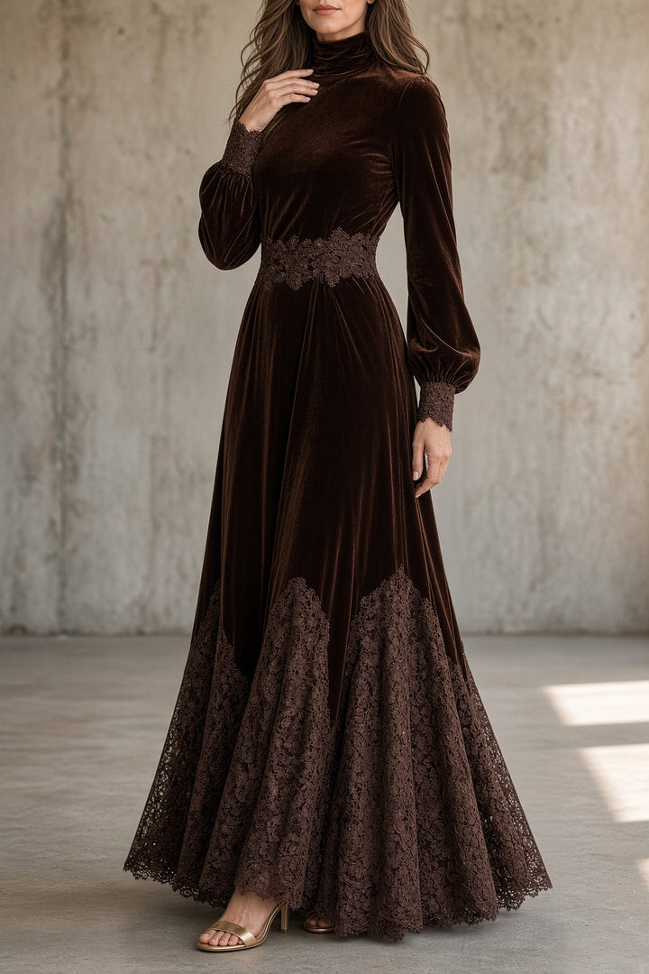 Rowena velvet and lace maxi dress in brown