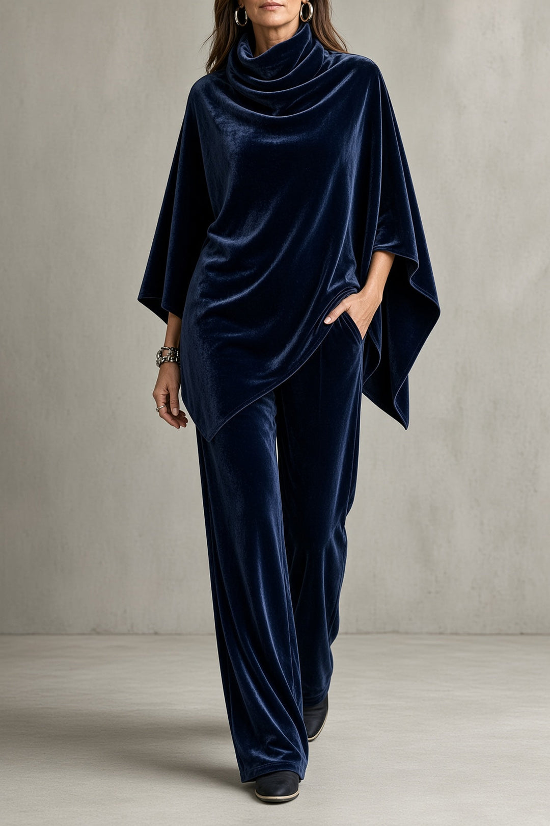 Romilly velvet set in navy blue with cowl-neck poncho top and wide-leg pants
