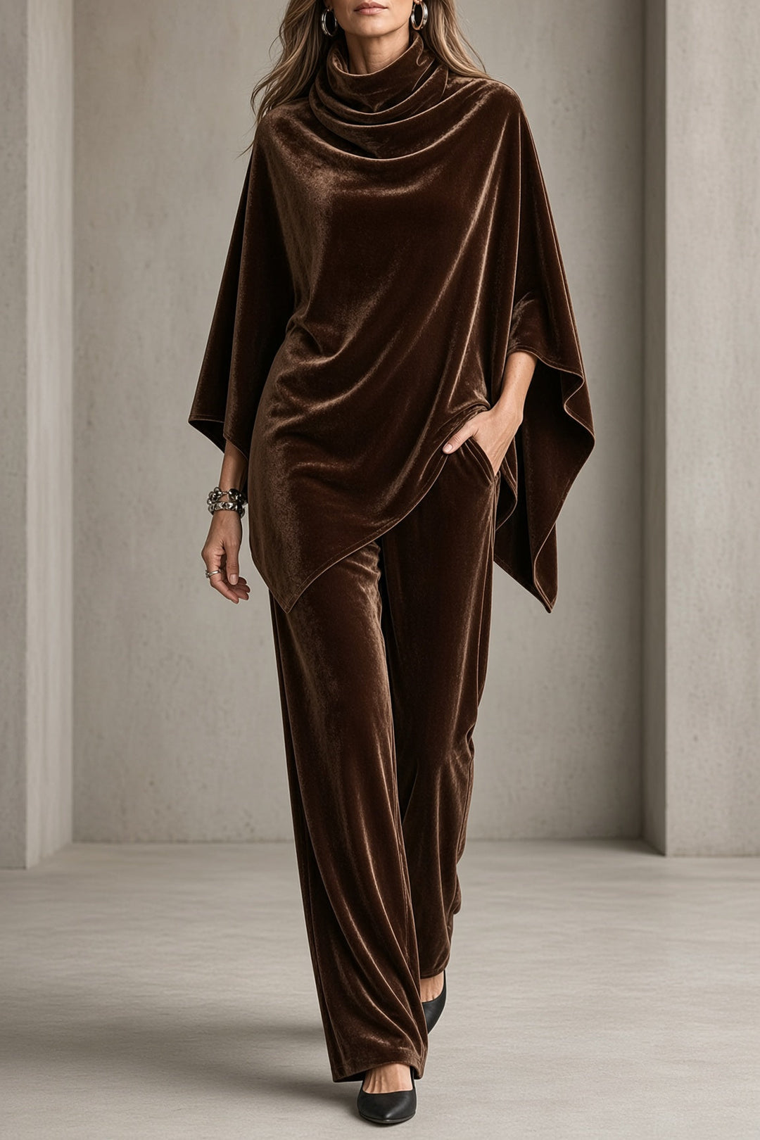 Romilly velvet set in brown with cowl-neck poncho top and wide-leg pants