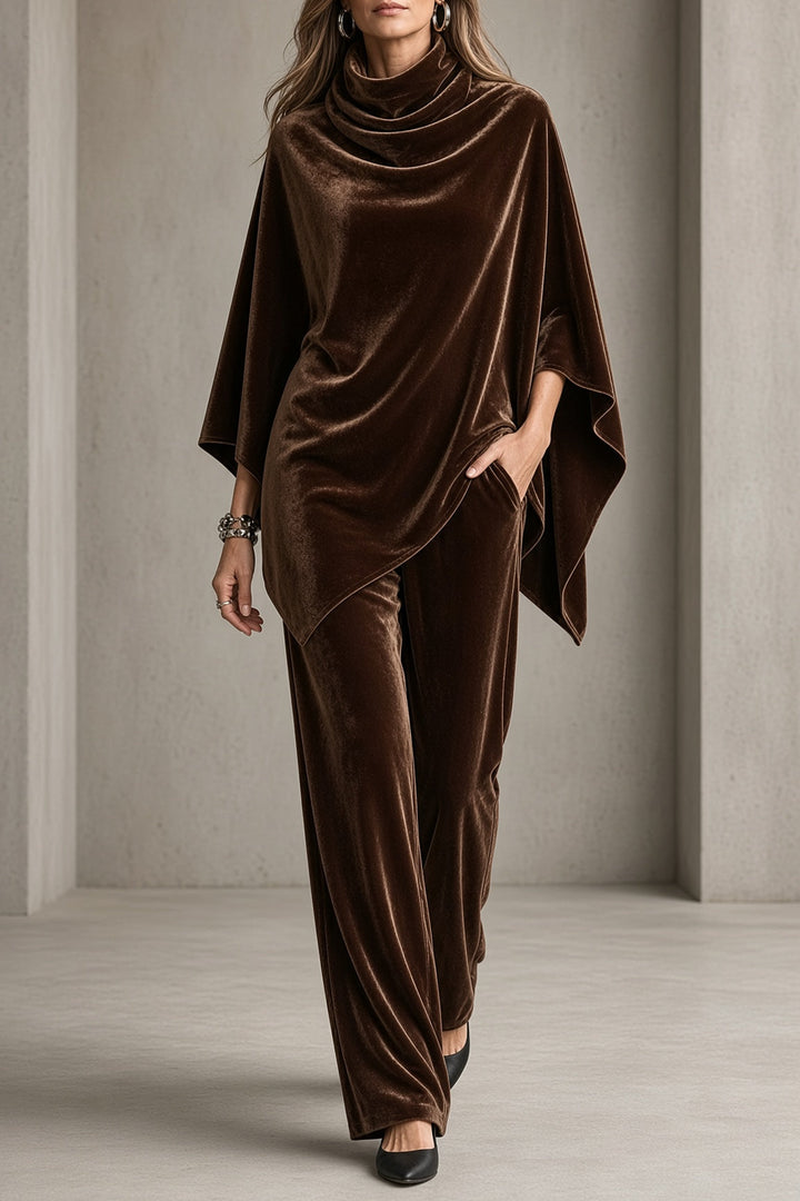 Romilly velvet set in brown with cowl-neck poncho top and wide-leg pants
