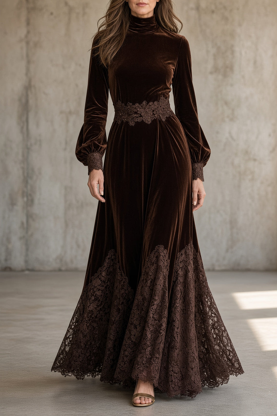 Rowena long-sleeve velvet maxi dress in brown with lace waist and lace hem