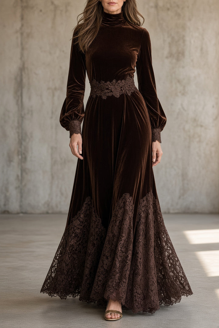 Rowena long-sleeve velvet maxi dress in brown with lace waist and lace hem