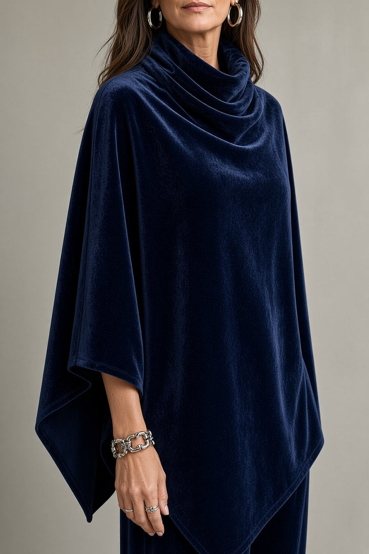 Romilly velvet cowl-neck poncho in navy blue, detail