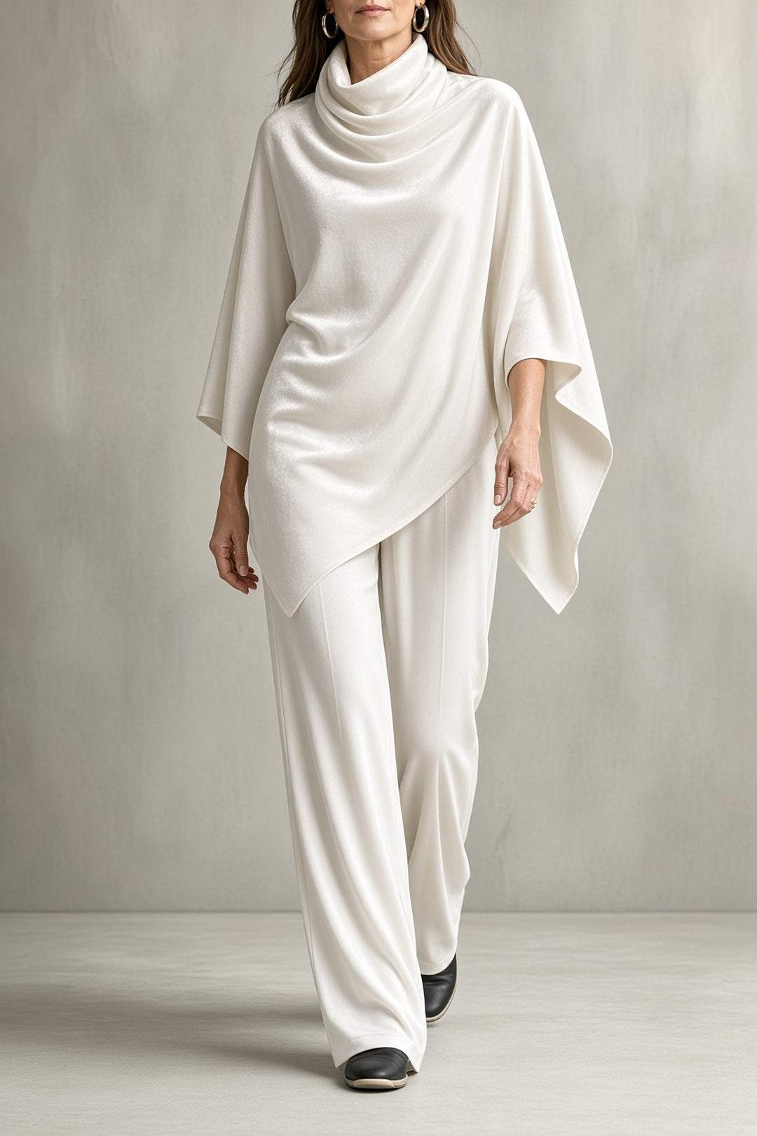 Romilly set in white with cowl-neck poncho top and wide-leg pants