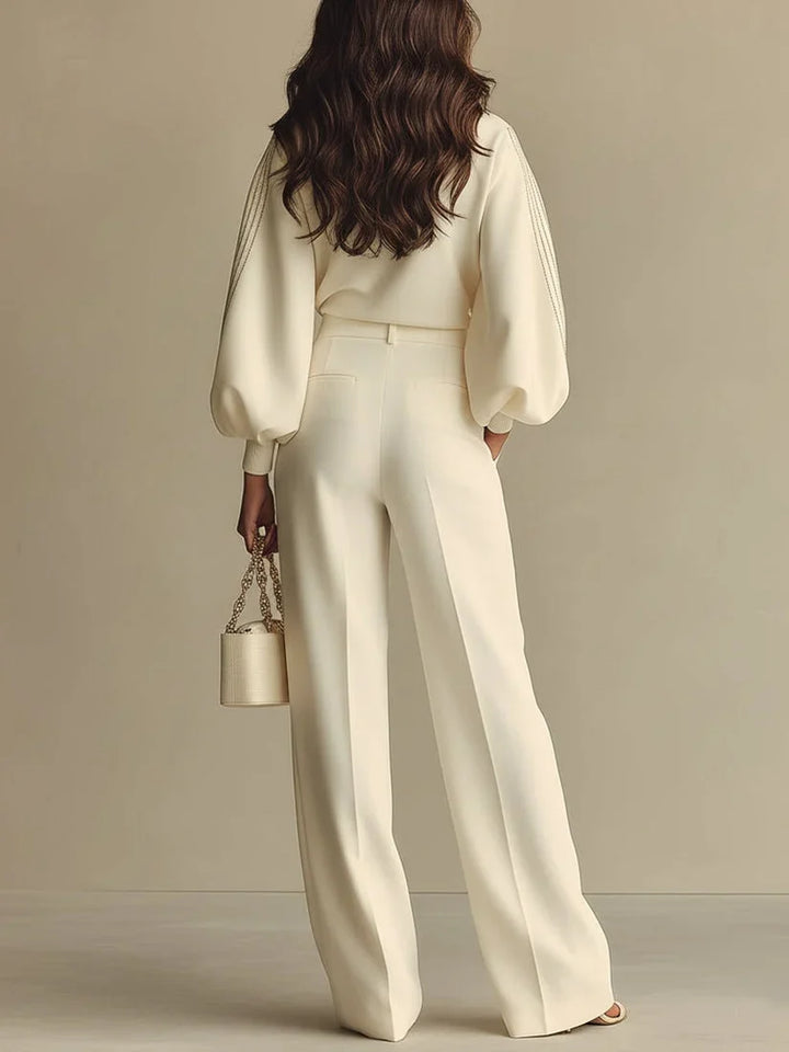 Elsbeth balloon-sleeve top and wide-leg pant set in ivory, back view