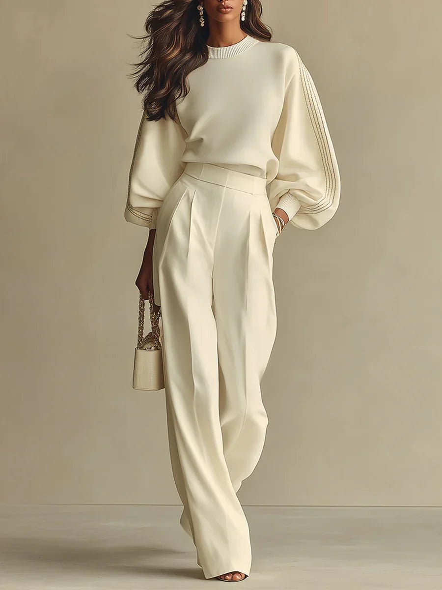 Elsbeth balloon-sleeve top and high-waisted wide-leg pant set in ivory