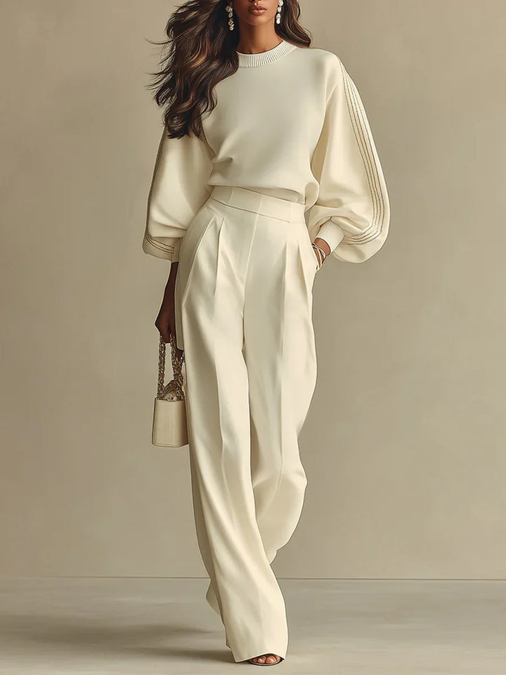 Elsbeth balloon-sleeve top and high-waisted wide-leg pant set in ivory