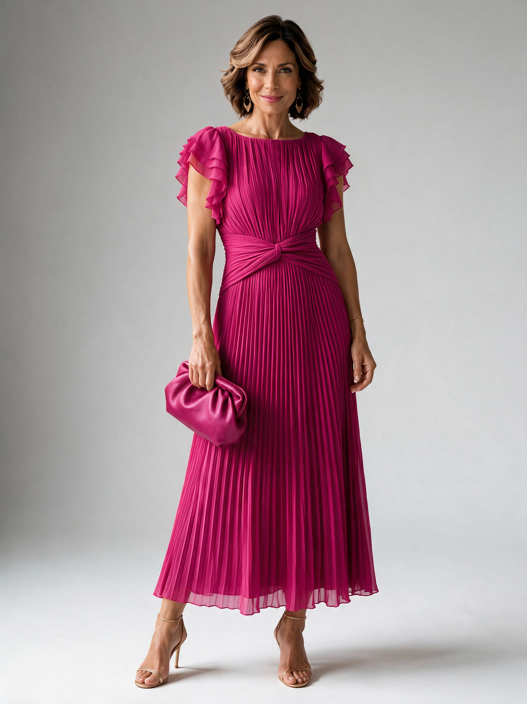 Neila fuchsia pink pleated maxi dress with flutter sleeves, front view