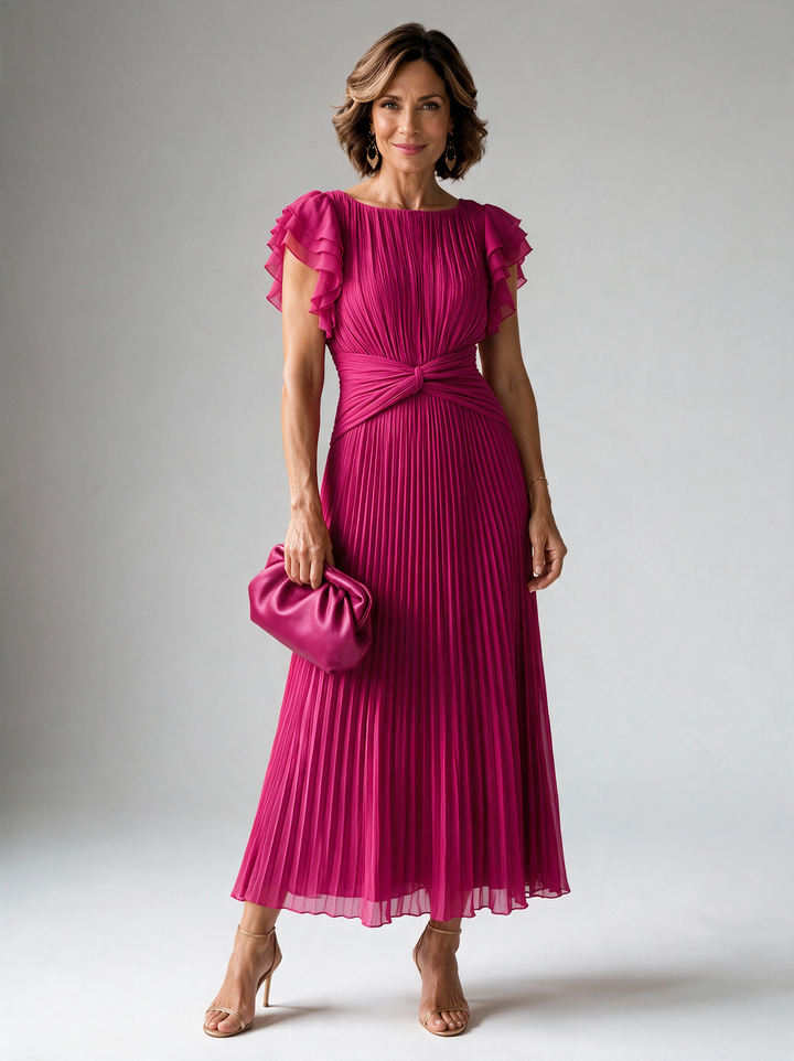 Neila fuchsia pink pleated maxi dress with flutter sleeves, front view