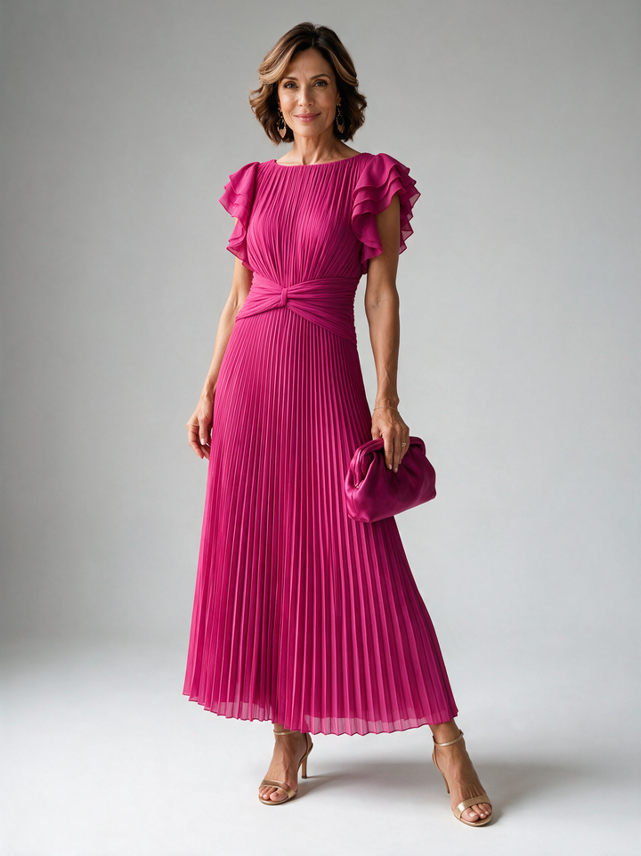 Neila fuchsia pink pleated maxi dress with twist-knot waist