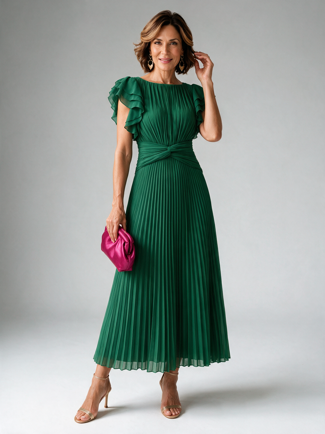 Neila emerald green pleated maxi dress with flutter sleeves and twist waist