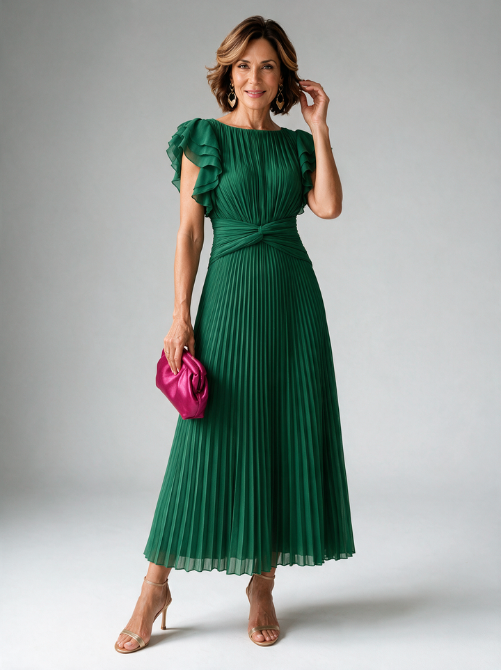 Neila emerald green pleated maxi dress with flutter sleeves and twist waist