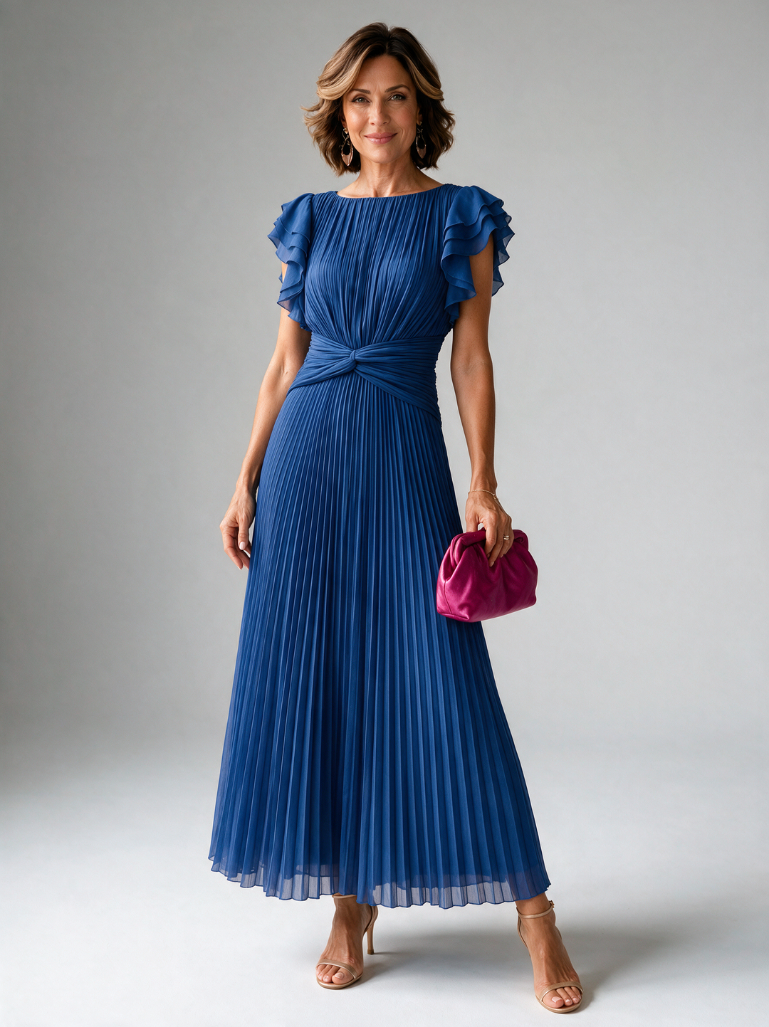Neila cobalt blue pleated maxi dress with flutter sleeves and twist waist, front view