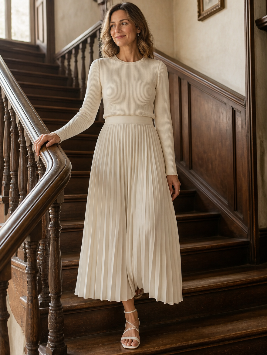 Charlotte cream ribbed knit top and pleated skirt set worn on a staircase