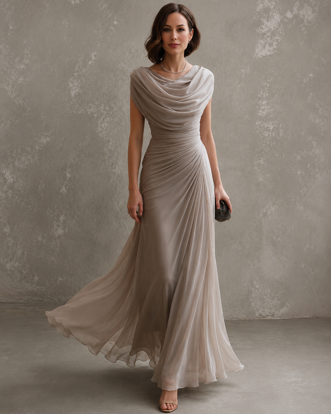 Jilliann draped cowl-neck maxi dress in beige
