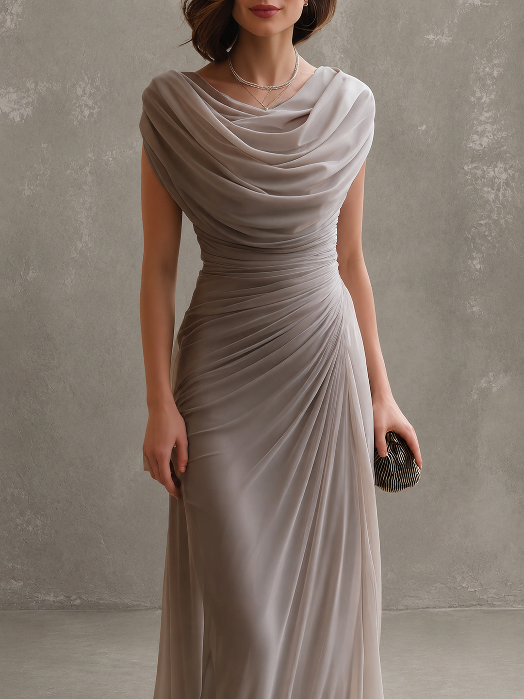 Jilliann maxi dress in beige, detail of draped cowl neckline and ruched bodice