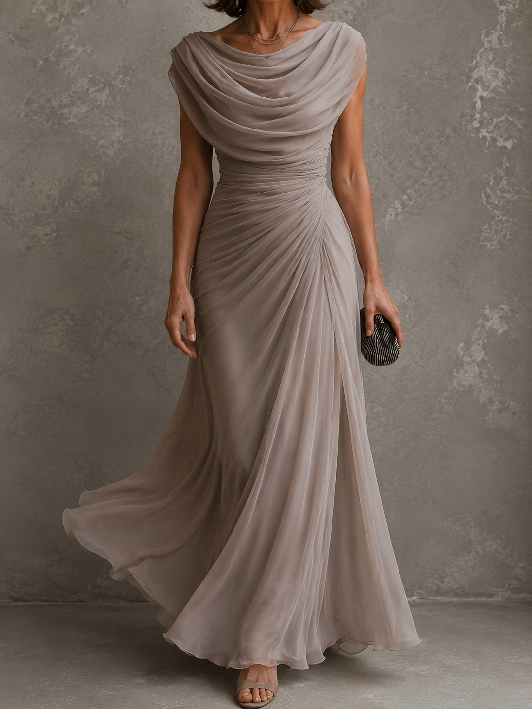 Jilliann draped maxi dress in beige, flowing skirt in motion