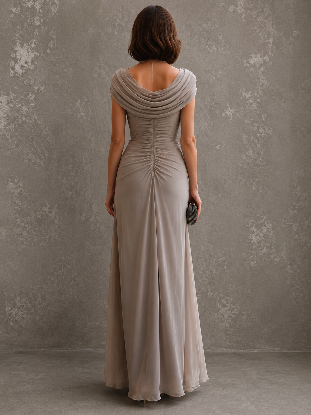 Jilliann draped maxi dress in beige, back view