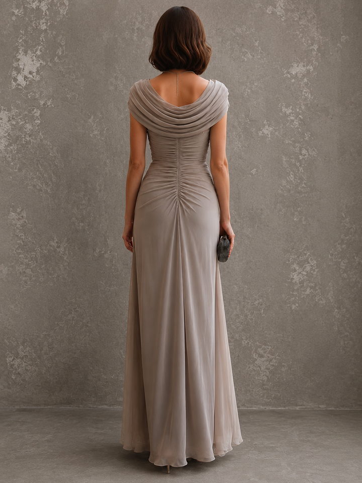 Jilliann draped maxi dress in beige, back view