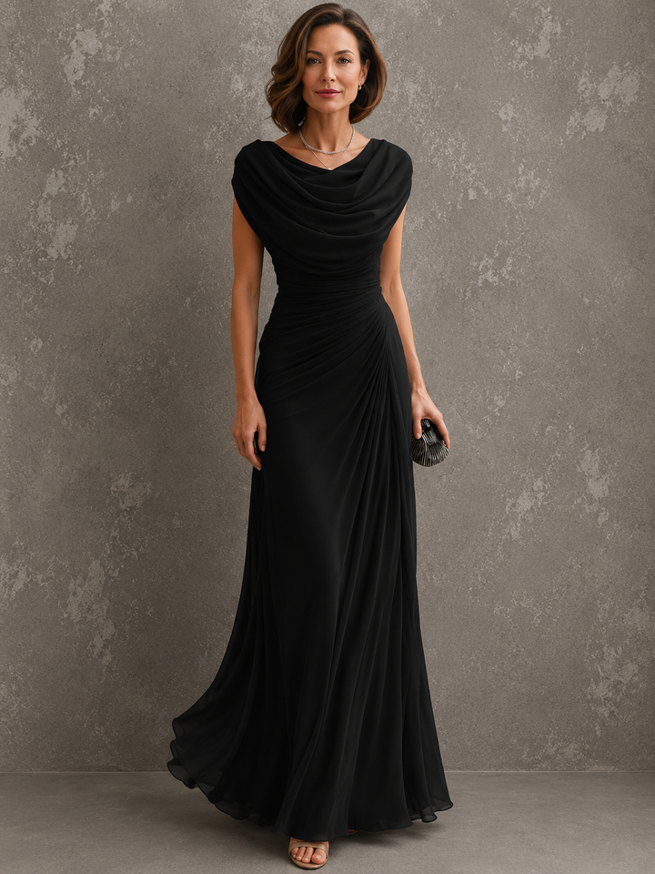 Jilliann draped cowl-neck maxi dress in black with cap sleeves and ruched waist
