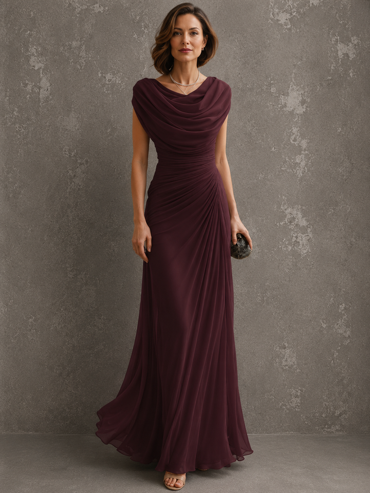 Jilliann draped cowl-neck maxi dress in burgundy