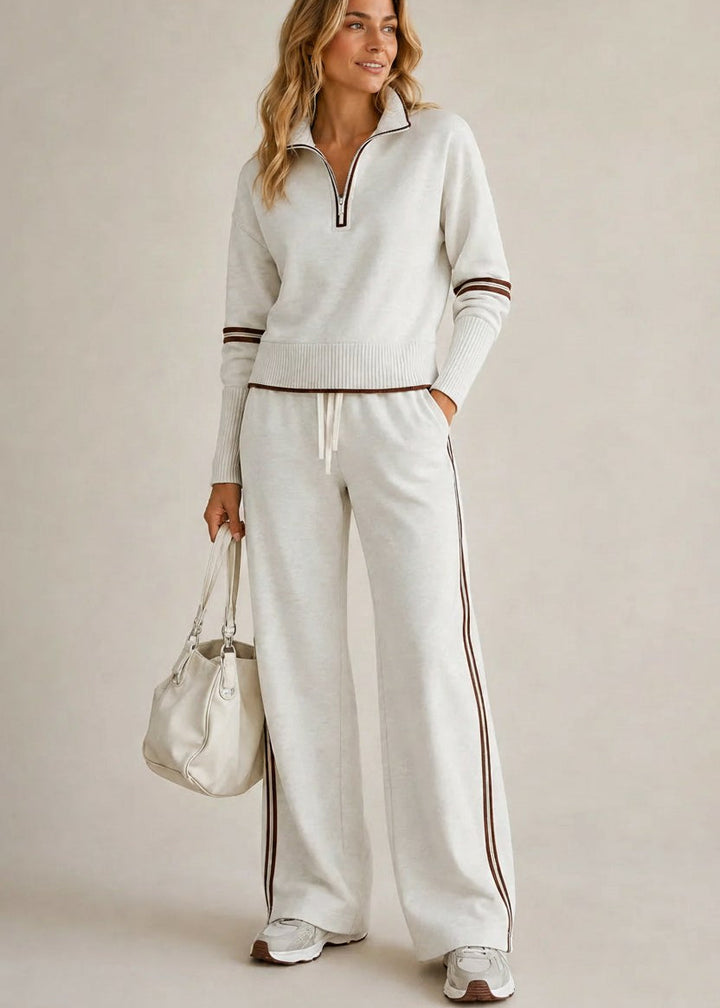 Greer half-zip knit jumper and wide-leg trouser set in ecru with brown stripes