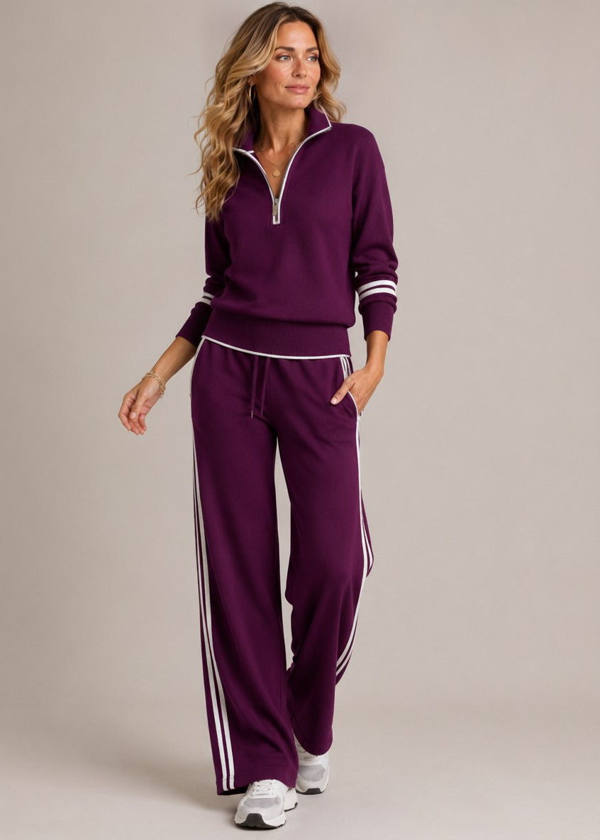 Greer half-zip knit jumper and wide-leg trouser set in plum with white stripes