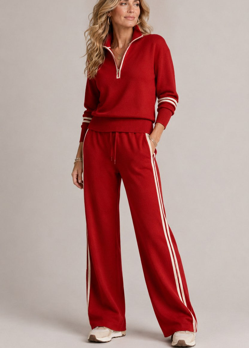 Greer half-zip knit jumper and wide-leg trouser set in red with cream stripes