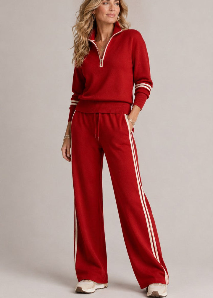 Greer half-zip knit jumper and wide-leg trouser set in red with cream stripes