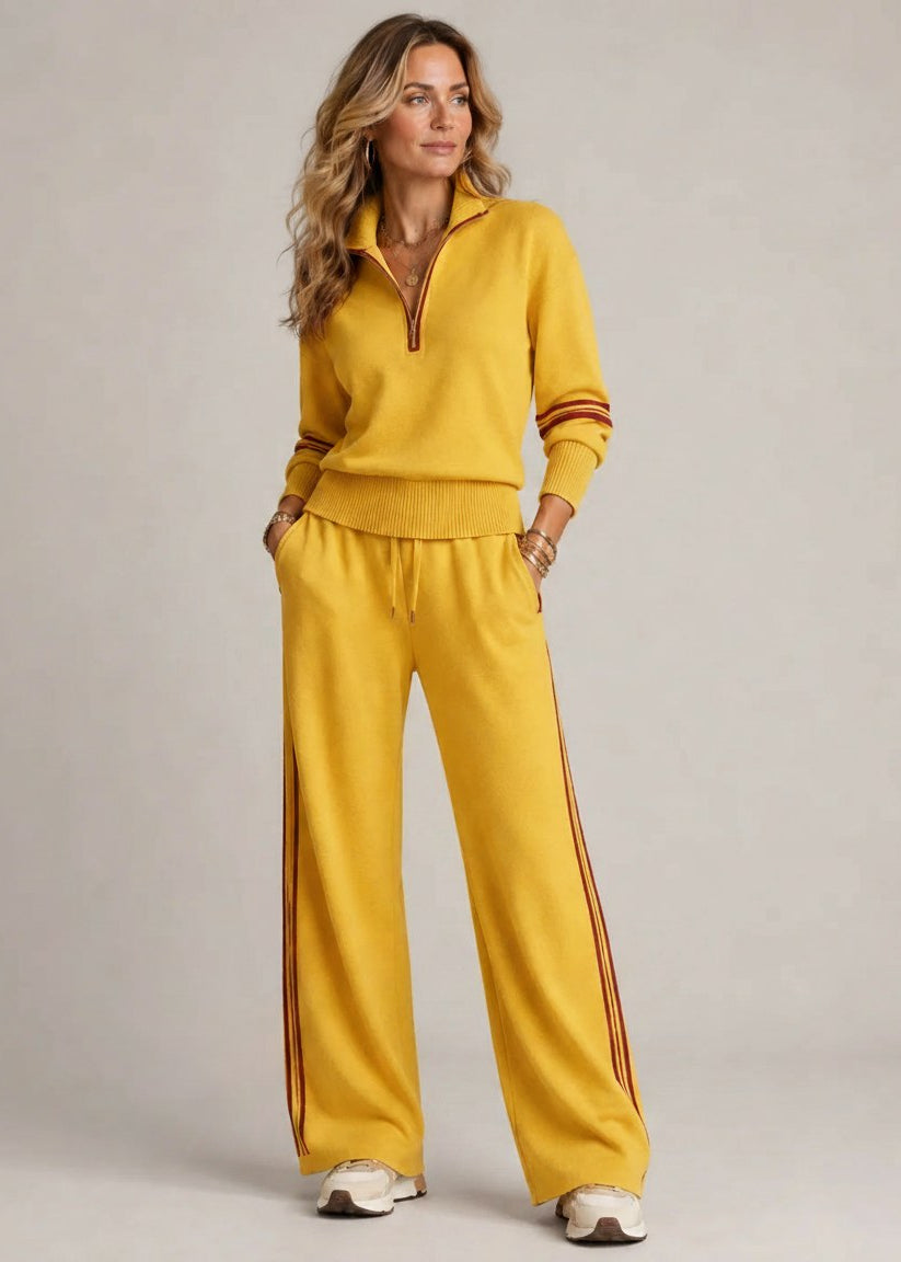 Greer half-zip knit jumper and wide-leg trouser set in saffron yellow with stripe detail