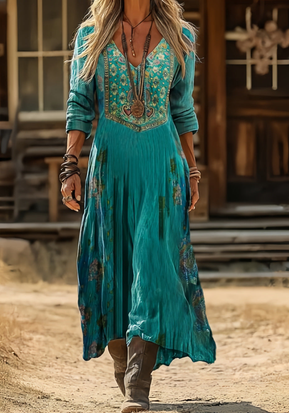 Solenne turquoise maxi dress, detail of ornate bodice and gathered skirt