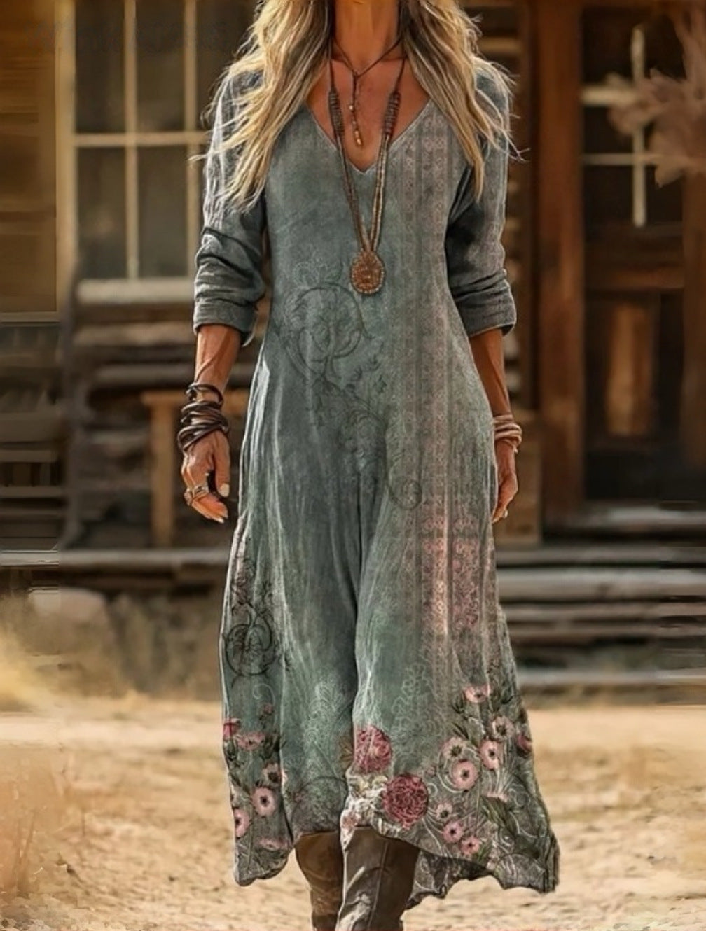 Florence vintage rose maxi dress, detail of rose border and uneven hem
