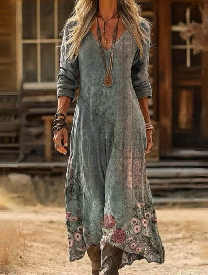 Florence vintage rose maxi dress, detail of rose border and uneven hem