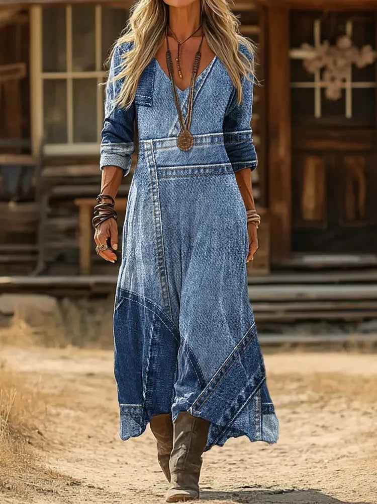 Indigo denim-look maxi dress, detail of seamed waist and angled skirt panels