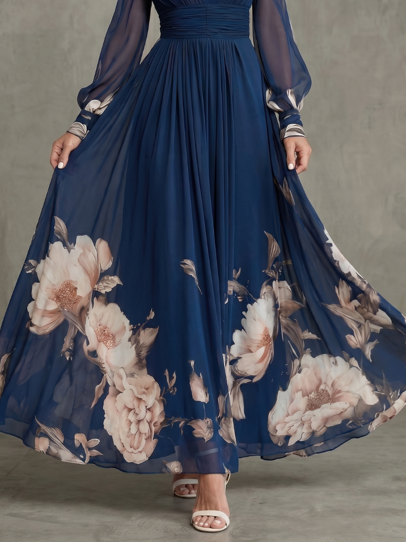 Maude floral hem sheer sleeve maxi dress in navy, detail