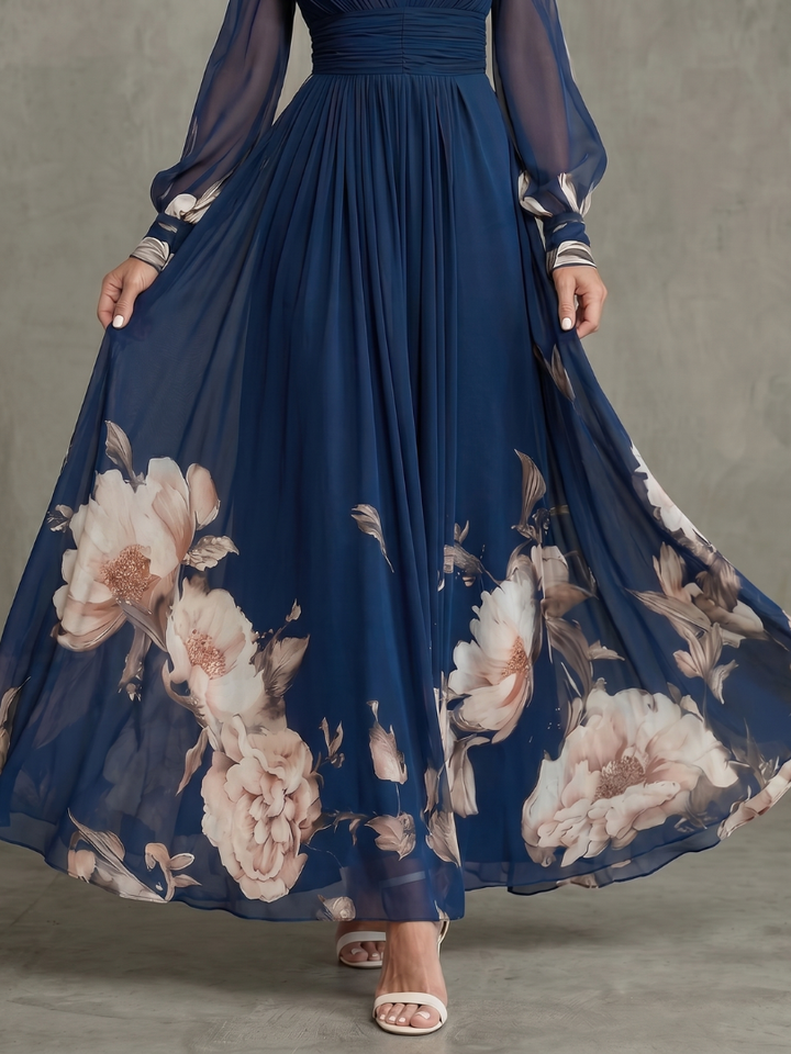 Maude floral hem sheer sleeve maxi dress in navy, detail