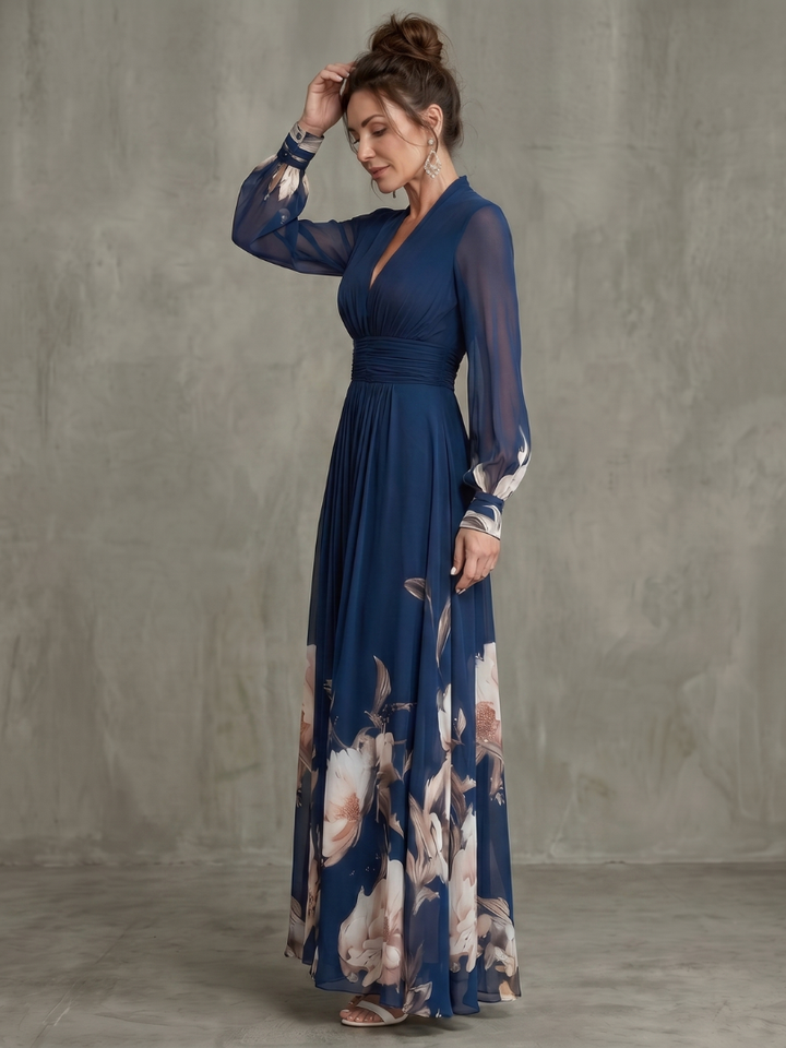 Maude floral hem sheer sleeve maxi dress in navy, detail