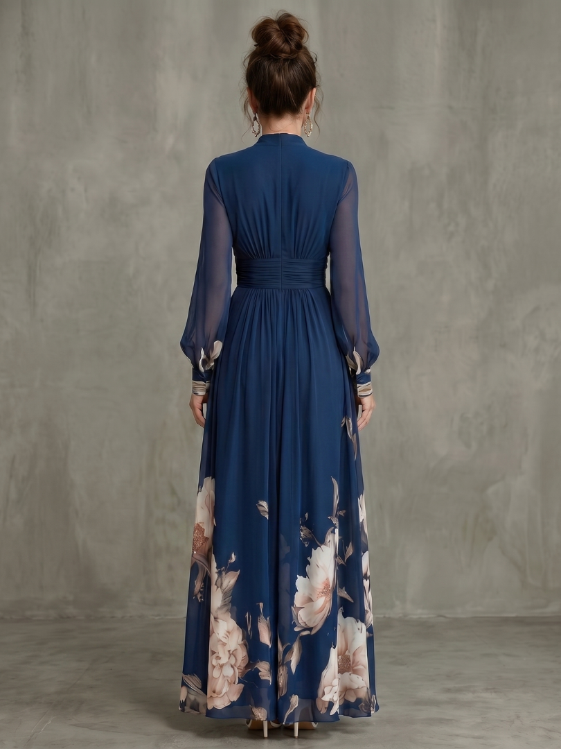 Maude floral hem sheer sleeve maxi dress in navy, detail