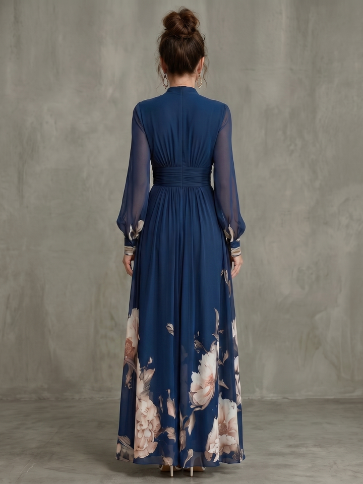 Maude floral hem sheer sleeve maxi dress in navy, detail