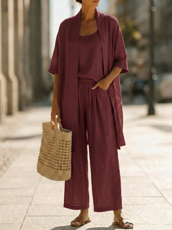 Lorrin three-piece cardigan and wide-leg pant set in wine red