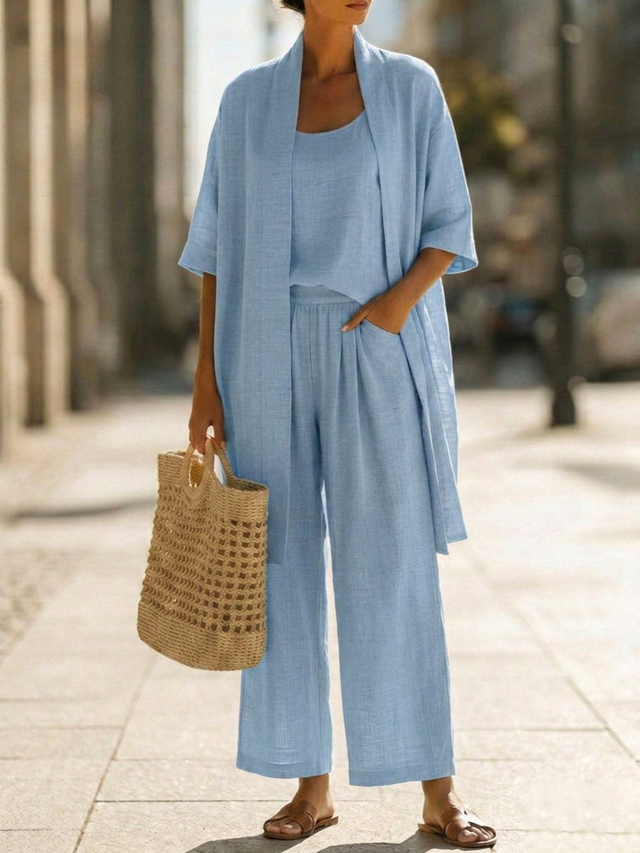 Lorrin three-piece cardigan and wide-leg pant set in light blue