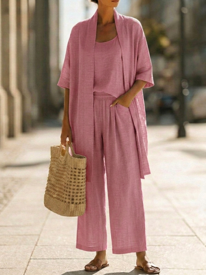 Lorrin three-piece cardigan and wide-leg pant set in pink