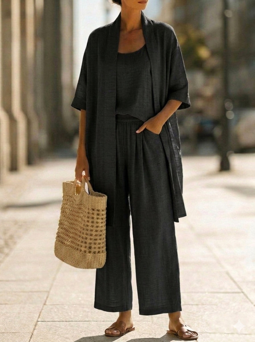 Lorrin three-piece cardigan and wide-leg pant set in black