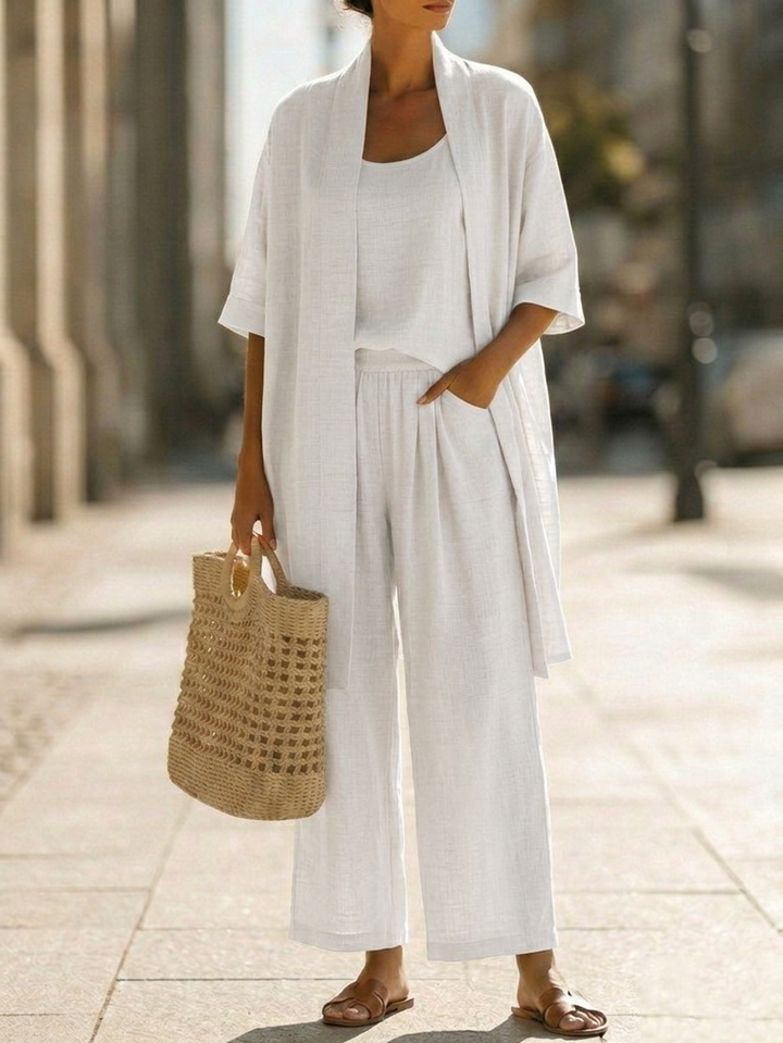 Lorrin three-piece set in white with long open cardigan, scoop-neck tank and wide-leg pants