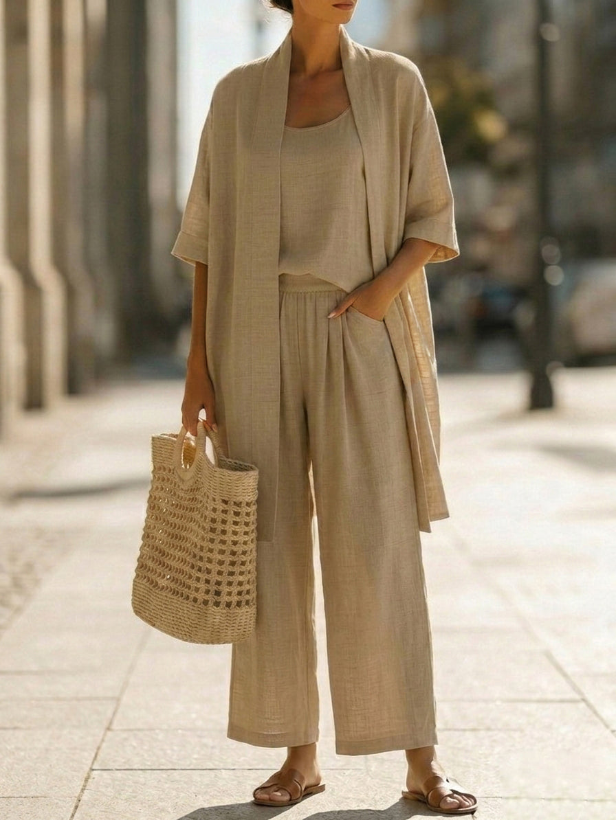 Lorrin three-piece cardigan and wide-leg pant set in khaki