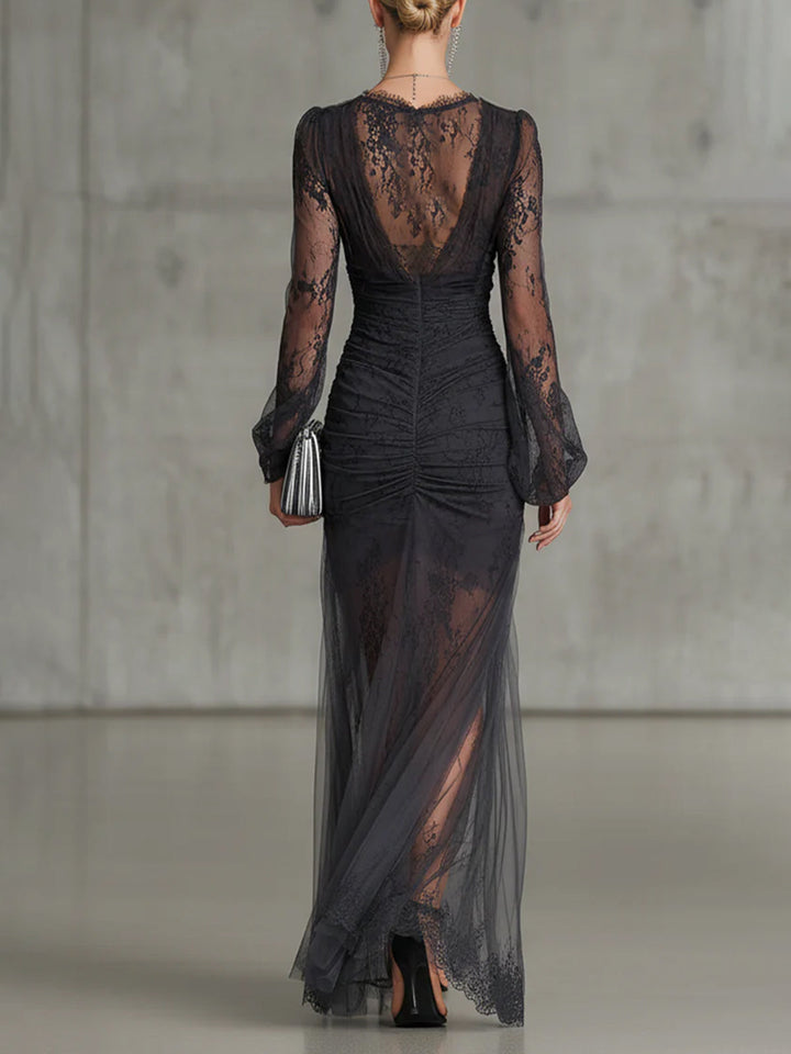 Quintina ruched lace maxi dress in black, back view