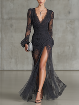 Quintina | Ruched Lace V-Neck High-Slit Maxi Dress