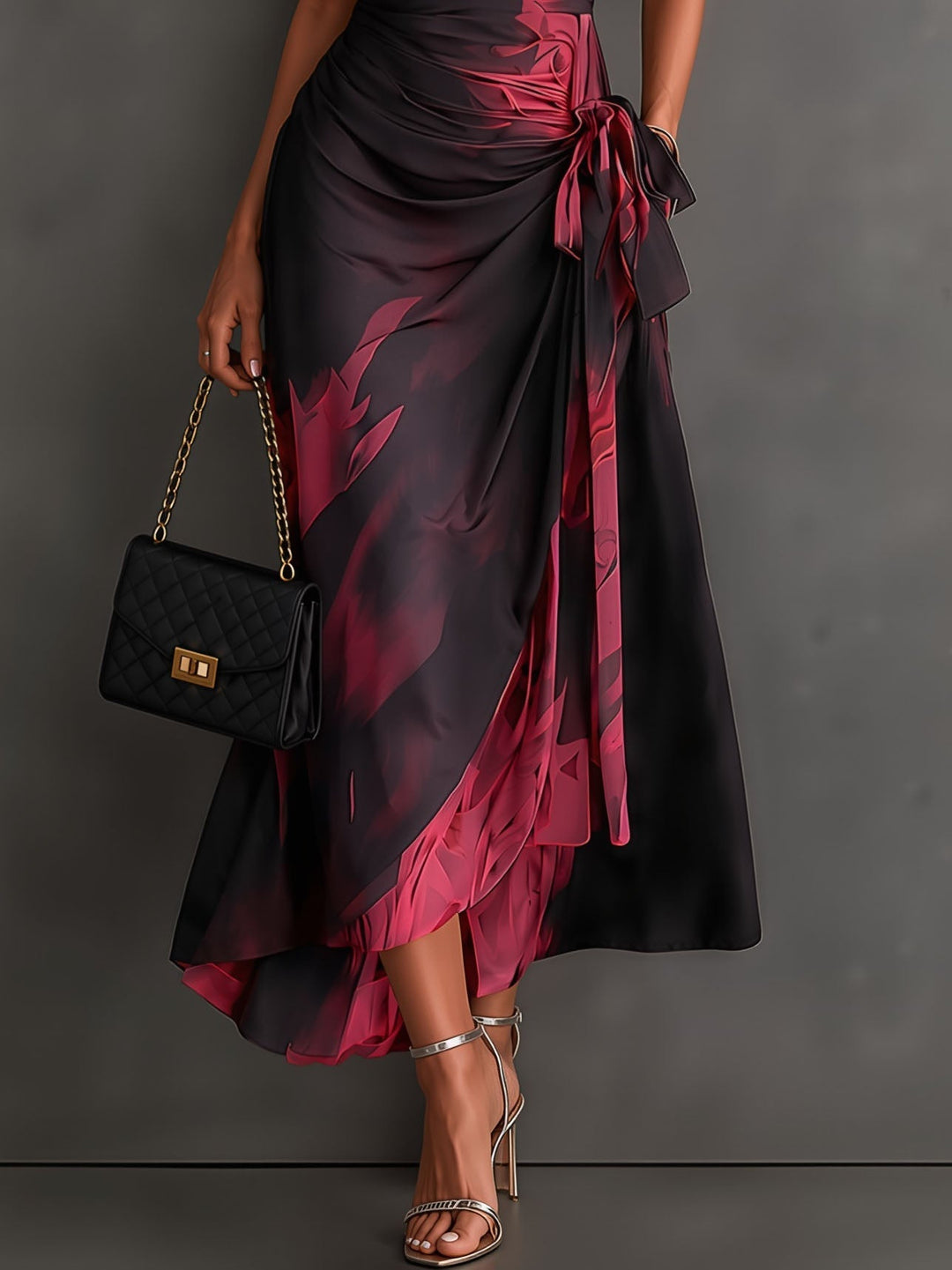 Saffron abstract print wrap maxi dress in red and black, detail